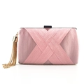 Elegant pink satin clutch bag with pleated woven texture and golden chain tassel detail - Pink