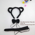 Three-piece black plush cat ears headband set with bowtie and tail for cosplay - Black Faux Fur Cat Ear With White Inner 3-Piece Set