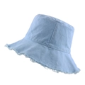 Sky blue cotton denim bucket hat with frayed edges for women, minimal summer sun cap - 57-58cm / Sky Blue