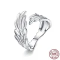 Anillo abierto creativo de alas de ángel en plata de ley S925 con textura fina - Abierto Ajustable / Platinado