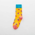Yellow cotton blend crew sock with pink watermelon patterns and blue ribbed cuffs - One Size / Yellow Base Watermelon