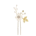 Elegant bridal hair pin with white flower, gold leaf, and pearl accents on white background - 1-Flower Hairpin / White Gold