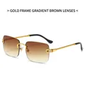 Rimless square sunglasses with gold twisted metal temples and gradient tea lenses - Gold Frame Gradient Tea Lens