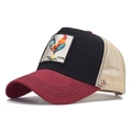 Two-tone trucker hat with embroidered rooster patch and beige breathable mesh back - Adjustable / Red Black Beige-Rooster Embroidery(9)