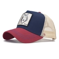 Three-tone mesh trucker hat with blue WOLF animal embroidery and red visor - Adjustable / Red Blue Beige-Wolf Embroidery(20)