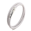 Pulsera de cuero trenzado gris de doble vuelta con cierre magnético plateado para hombre y mujer - 21cm / Blanco
