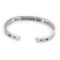 Macro detail of 6mm stainless steel cuff bracelet with engraved inspirational quote inside - Silver G3341-YOU FUCKING GOT THIS
