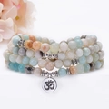 Amazonite 108 Mala beads bracelet with silver Om pendant and bohemian lotus design - OM Symbol Style / 108 Beads