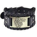 Men's black braided leather bracelet featuring a vintage metal wolf head charm with snap button - Cowhide Antique Bronze-Wolf Head
