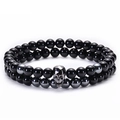 Bracciale a doppio strato in agata nera ed ematite con decorazione a teschio in metallo - Stile Teschio Gunmetal (Stile 1)