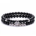 Double-layer natural black onyx stone bracelet set with silver skull charm for men - Silver Skull Style (款式3)
