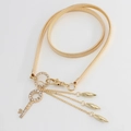Women's gold elastic metal leaf belt with sparkling rhinestone key pendant and tassels - Gold Rhinestone Key with Tassels
