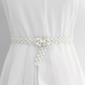 Ceinture élastique en perles blanches avec boucle fleur en strass et pompon perlé - EL95-26 Style à Pompon en Perles