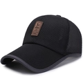 Black mesh breathable baseball cap with brown leather patch and grey brim accent - Adjustable / Black