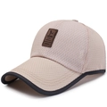 Beige breathable mesh baseball cap for men featuring a brown leather patch and black brim - Adjustable / Beige