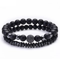 Set di bracciali in agata nera opaca ed ematite con sfera in micro-pavé di zirconi - Stile Pietra Opaca con Sfera in Rame e Zircone / Set con Zirconia Nera