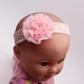 Close-up of pink lace baby headband featuring a large handmade chiffon flower detail - Orange Pink Coiled Flower