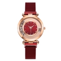Women's quartz watch in rose gold case with red sunburst dial and magnetic mesh band - Red