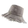 Frayed edge cotton bucket hat in light grey with vintage distressed embroidery detailing - 57-58cm / Khaki