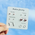 6-pair set of minimalist stainless steel stud earrings with daily labels in clear blue sky - Zirconia Heart Bar Geometric Style (K49-4D)