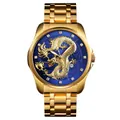 Golden stainless steel watch with blue dragon relief dial and crystal hour markers - Gold Case Blue Dial