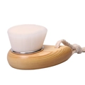 Manual face wash brush with natural wood handle and soft white bristles on white background - Silver Ring Flat Head