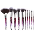 Detailed close-up of 10 professional crystal handle makeup brushes with soft fiber bristles - 10Pcs Purple Handle Grey Bristles with Fan Brush