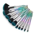 Overhead view of 10 makeup brushes with clear diamond handles and ombre bristles - 10Pcs Green Handle Green Bristles with Fan Brush