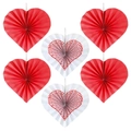 Set of 6 heart-shaped paper fans in red and white for wedding and party decorations - Heart Paper Fan Set