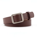 Minimalist brown leather belt for women with silver square buckle and stitched detail - Coffee