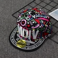 Flat brim hip hop hat with MDIV embroidery and colorful geometric graffiti print - Kids / Rose Red