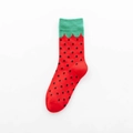 Strawberry style red cotton mid-calf socks with black dots and green wavy edges - One Size / Red Strawberry