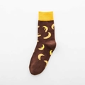 Brown cotton crew socks featuring a yellow banana pattern and ribbed cuffs - One Size / Coffee Base Banana