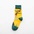 Yellow mid-calf cotton socks with green accents and cartoon monkey forest pattern - One Size / Yellow Base Monkey