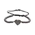 Pulsera ajustable de cordón negro con cuentas oscuras y colgante de corazón de circón - Color gunmetal