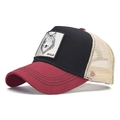 Black and red mesh trucker hat with embroidered wolf patch and vintage design - Adjustable / Red Black Beige-Wolf Embroidery(11)