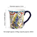 Hand-painted 500ml ceramic mug with vibrant colorful folk patterns and blue wavy rim - Coffee Mug