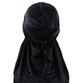 Detail view of black velvet durag back knots and long streamers on a white background - Adjustable / Black