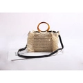 Borsa da spiaggia in paglia beige con manico ad anello ambra, tracolla e nappa laterale - Bianco Sporco