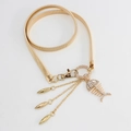 Elastic gold metal belt for women with rhinestone fishbone charm and leaf accents - Gold Rhinestone Fishbone with Tassels