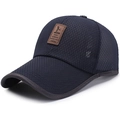 Dark blue breathable mesh baseball cap with a brown embossed logo patch in a 45-degree view - Adjustable / Navy Blue