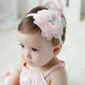 Détail d'un bandeau pour bébé avec fleur en dentelle rose et petit nœud bleu doux - FD002 Rose