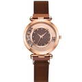 Women's quartz watch with rose gold case, brown magnetic mesh band and sparkling crystals - Brown