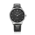 Minimalist quartz watch with black leather strap and rhinestone hour markers - Black Strap Black Dial Large