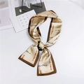 Champagne long silk scarf with retro horsebit chain pattern and brown border - Chain Link Print Beige