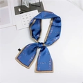 Royal blue satin neck scarf featuring elegant pink horsebit chain pattern and golden edges - Chain Link Print Blue