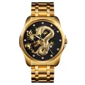 Golden steel watch for men featuring black dial with 3D dragon relief and date window - Gold Case Black Dial