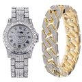 Macro shot of luxury silver diamond watch and gold iced-out cuban link bracelet set - Silver Set (Bowknot Box)