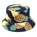 Close-up of navy blue bucket hat with yellow pineapple print and fine stitching details - M / Dark Blue Pineapple