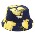 Detail of navy bucket hat featuring bright yellow lemon prints and reinforced brim stitching - M / Dark Blue Lemon